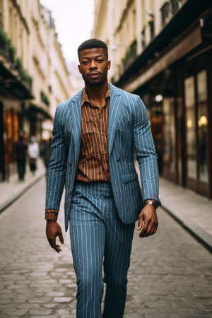 Outdoor urban shot of serious darkskinned European traveler in stylish clothing standing in the middle of street with city guide trying to find way to his hotel while got : Generative AIの素材