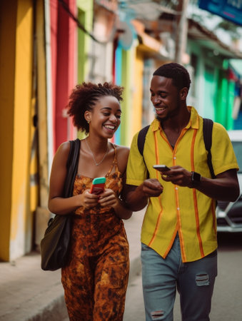 Fashionable darkskinned male in black hat and shirt standing on street with mobile phone and his blonde friend using internet exchanging files or photos Best mixed race f : Generative AIの素材