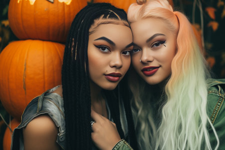 Horizontal view of glad women stand next to each other express positive emotions decorate hair with autumn attributes prepare to celebrate seasonal holiday isolated over  : Generative AIの素材