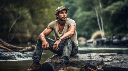 Attractive bearded man in snapback sitting barefooted on big stone in the middle of jungle and contemplating beauties of tropical forest with mountain river in background : Generative AIの素材
