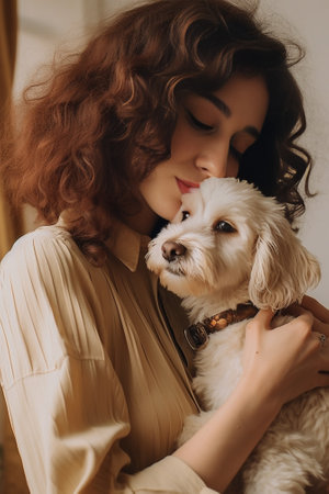 Happy curly haired woman receives kiss from favorite pet smiles broadly have fun together wears transparent glasses and t shirt stand indoor Pug dog licks owner with love : Generative AIの素材