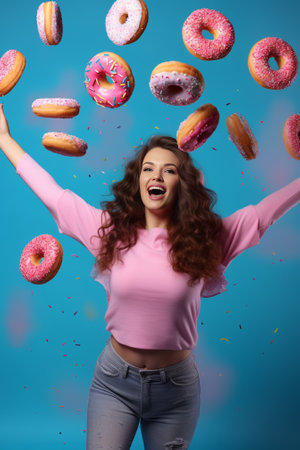 People and unhealthy nutrition Indoor shot of young European woman holds delicious doughnuts enjoys good taste stands against pink background blank space for your adverti : Generative AIの素材