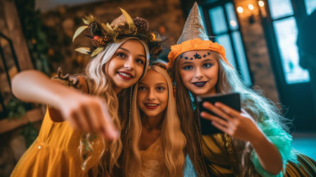 Happy family celebrate Halloween holiday together dressed in scarying ghost costume pose against spooky creatures Positive mother and daughter look gladfully at each othe : Generative AIの素材