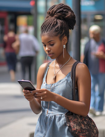 Smiling young American woman with two buns holds shopping bags uses modern smartphone device waits for feedback from web store connected to public wifi poses on street en : Generative AIの素材
