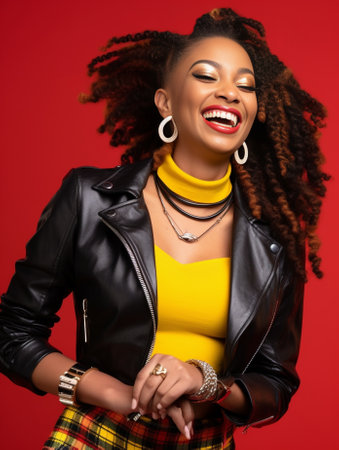 Carefree hipster girl enjoys leisure time listens audio track catches every bit dressed in leather jacket has specific appearance isolated over red background People yout : Generative AIの素材