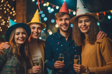 Glad female wearing hat and elegant clothes receiving message from her lover spending time together with her colleagues having corporative party drinking alcoholic bevera : Generative AIの素材