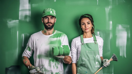 Happy mixed race couple busy painting walls in house hold brushes bucket of paint look gladfully at each other work as team on common result renovate their new house stan : Generative AIの素材