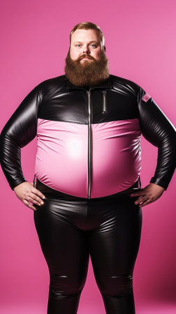 Hesitant bearded plump European man dressed in superhero costume spreads hands and faces dilemma stands confused indoor has tattooed abdomen isolated over pink background : Generative AIの素材