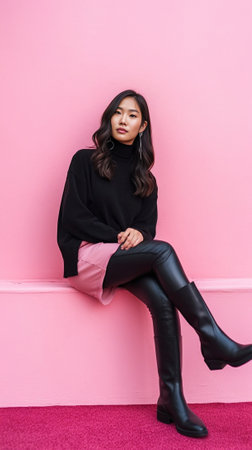 Portrait of pleased young Asian woman licks lips stands with closed eyes remembers pleasant taste of something wears black top and pink jacket poses against rosy backgrou : Generative AIの素材