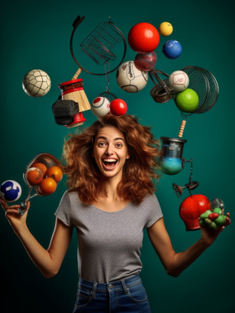 Positive cheerful woman with curly hair looks away has curious expression wears casual basic t shirt and red horns poses against blue background new year toys behind hang : Generative AIの素材