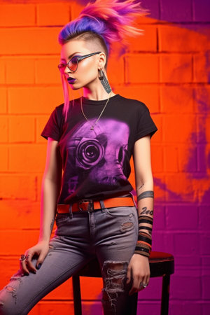 Fashionable punk girl with bright vivid makeup trendy yellow hairstyle sings song enjoys popular music in wireless headphones wears casual t shirt isolated over grey back : Generative AIの素材