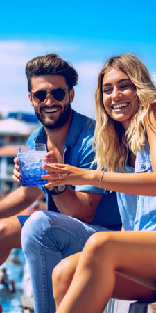 Horizontal shot of surprised female and male couple enjoy spending summer vacation at resort place show passport with boarding tickets at camera of cell phone make selfie : Generative AIの素材