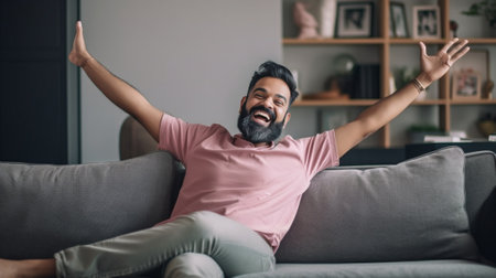 People leisure pastime concept Overjoyed unshaven adult man sits in lotus poses on sofa holds remote control and watches funny show on television feels entertained enjoys : Generative AIの素材