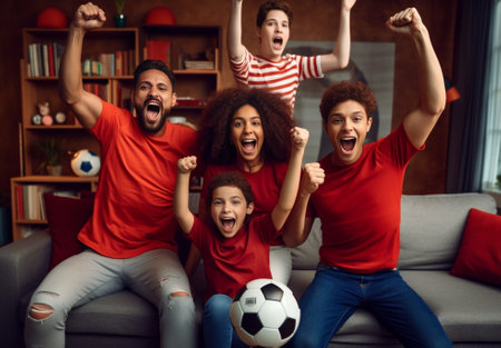 Photo of friends watch soccer game celebrate goal clench fists enjoy watching sport competition have delicious snack drink cold beer spend spare time at home Pastime and  : Generative AIの素材