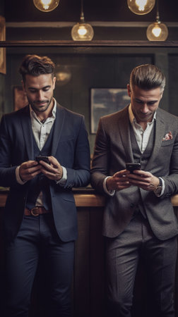 Irritated two guys look angrily at screen of smart phones watch football match online being annoyed as favourite team lost game focused at something dressed in fashionabl : Generative AIの素材