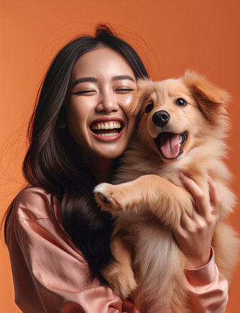 Pleased young Asian woman embraces with love her favorite dog poses with green spruce branches smiles tenderly at camera enjoys cozy domestic atmosphere lover pet isolate : Generative AIの素材