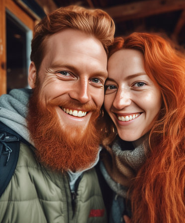Outdoor shot of beautiful redhaired female with freckled face and dark eyes smiling pleasantly while embracing her boyfriend with fine crop of curly hair People lifestyle : Generative AIの素材