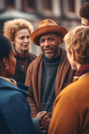 Interracial friendship concept Handsome bearded European hipster wearing hat and denim jacket having serious conversation with his African American best friend listening  : Generative AIの素材