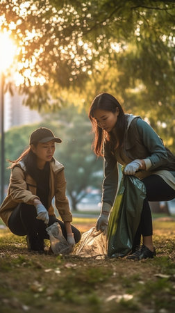 Stupefied two female activists stare with omg expression shocked to pick up much garbage hold net bags with plastic waste dressed in casual outfit pick up litter for recy : Generative AIの素材