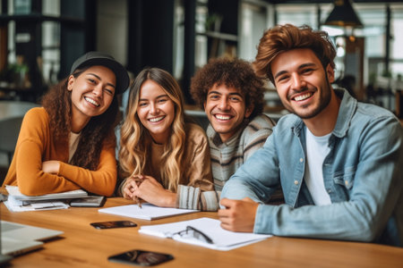 Four friendly mixed race students sitting in white classroom reading books and communicating together talking about their summer holidays being absorbed in studying havin : Generative AIの素材