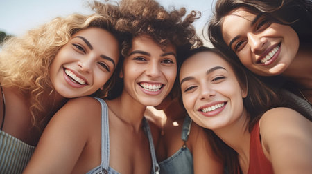 Photo of pleased attractive mixed race women with happy expressions have broad smiles stretch hands and make selfie have interracial relationship People friendship and re : Generative AIの素材