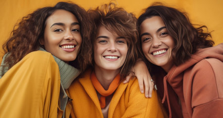 Autumn time concept Cheerful young multiracial females dressed in casual clothes focused above have toothy smiles wear autumn leaves and berries in hair rejoice autumn di : Generative AIの素材