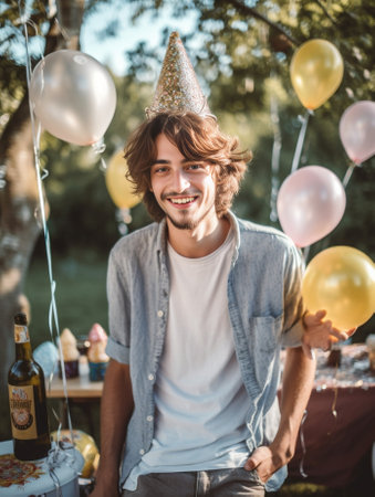 Vertical image of nervous male bites finger nails feels embarrassed in presence of many guests poses with colorful balloons celebrates birthday wears cone paper hat Stude : Generative AIの素材