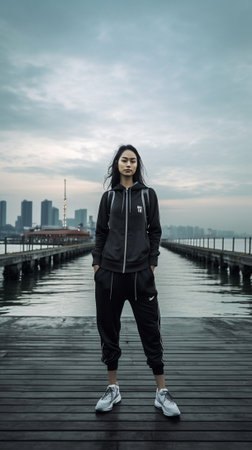 Young female tourist enjoys free time for promenade in harbor recreats before voyage trip from dock holds modern smartphone wears casual hoodie being in good mood People  : Generative AIの素材