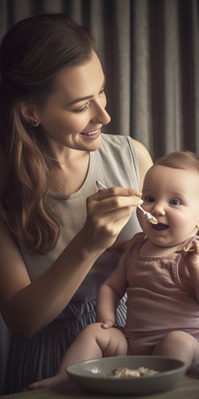 Smiling mother caring about her threeyears old child on white background Lovely blond kid in grey shirt eating childhood nutrition from glass can with little spoon His mo : Generative AIの素材