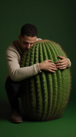Image of clueless bearded botanist grows new breed of cactus spreads palms sideways has no idea how to care about houseplant wears striped casual sweater and apron has in : Generative AIの素材