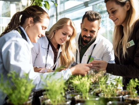 Junior agricultural scientists researching plants and diseases in greenhouse with parsley : Generative AIの素材