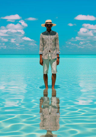 Picture of trendy looking black male tourist with knapsack wearing hat and sunglasses on sunny weather talking on mobile phone standing against blue sea background with c : Generative AIの素材