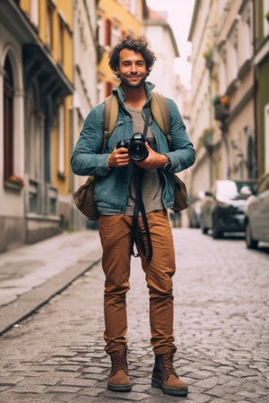 Tourism traveling and adventure Cheerful excited young Caucasian male carrying rucksack pointing finger at camera while sightseeing in old town woman in jeans taking pict : Generative AIの素材