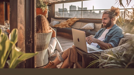 Young beautiful woman wearing sunglasses and bearded man sitting at open terrace and watching something on their generic laptop computer while browsing internet using wir : Generative AIの素材