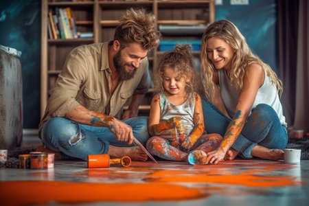 Surprised dad and two girls play together at home paint faces with watercolours have fun show hands painted in bright colours isolated over purple background Family portr : Generative AIの素材