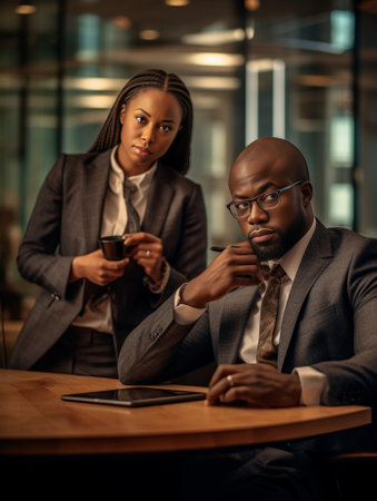 Black woman and man have informal meeting glad to view photos on smart phone wear spectacles work together at common project via laptop computer drink coffee People and t : Generative AIの素材
