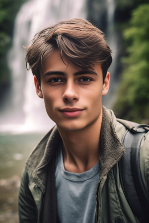 Close up portrait of handsome man wearing baseball cap backwards relaxing outdoors standing by waterfall on background Young traveler hiking in green rainforest with moun : Generative AIの素材