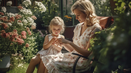 Portrait of goodlooking mature woman with fair hair using smart phone typing messages via social networks while sitting in her backyard garden on sunny day smiling while  : Generative AIの素材