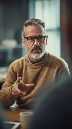 Handsome self confident man with thick bristle keeps hand on rim of glasses wears casual brown turtleneck looks seriously at camera has conversation with colleague discus : Generative AIの素材