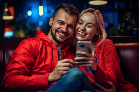 Headshot of pleased attractive blonde female with positive expression and broad smile wears red bandana on neck happy to recieve compliment from boyfriend rest together i : Generative AIの素材