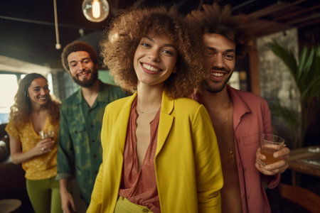 Horizontal shot of satisfied dark skinned woman laughs happily leans at shoulder of boyfriend come together on theme party dressed in yellow clothes Pleased bearded Afro  : Generative AIの素材