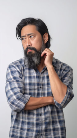 Displeased bearded man keeps hand on cheek frowns face with displeasure hears negative news doesnt want to go on work wears fashionable dark blue shirt stands alone again : Generative AIの素材