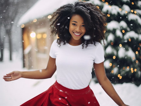 Horizontal shot of happy African American woman wears red headband gloves holds evergreen fir tree with garland as musical instrument points away on blank space gives ide : Generative AIの素材