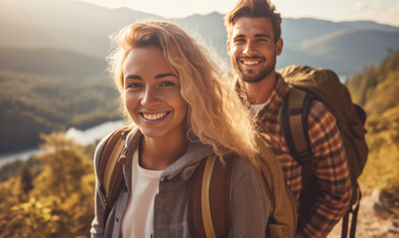 Joyful Caucasian couple in love or friends equipped with tourist accessories and backpacks ready for road trip or hiking man holding binocular woman using photo camera to : Generative AIの素材