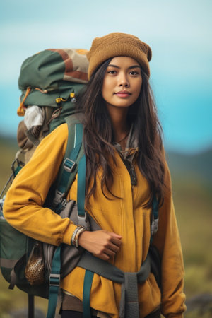 Look right please Beautiful Asian woman traveler in casual wear points index finger aside advertises something has adventurous trip in forest uses retro camera for making : Generative AIの素材