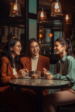 Horizontal shot of multiethnic beautiful women cooperate together serach some information on mobile phone writes down in notebook pose at table in restaurant eat dessert  : Generative AIの素材