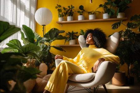 Pensive thoughtful dark skinned young woman carries pot of cactus looks above thinks about something wears casual turtleneck poses at chair against yellow background spen : Generative AIの素材