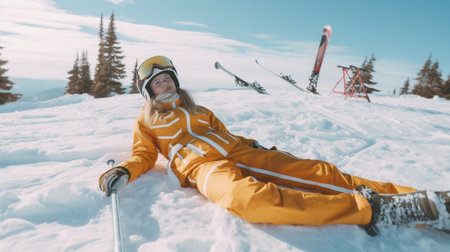 Impressed ginger woman snowboarder points into camera indicates at ski slope dressed in outerwear protective snowboarding goggles isolated over yellow background Ski wint : Generative AIの素材