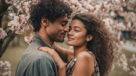 Pleased beautiful ethnic woman dreams to hug boyfriend closes eyes and embraces herself touches shoulders thinks about you being in romantic mood tilts head recalls nice  : Generative AIの素材