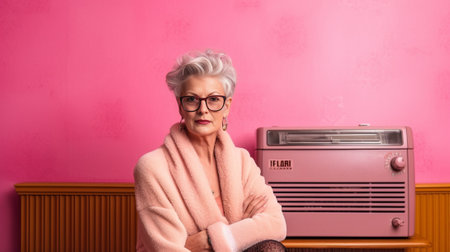 Pleased blonde middle aged woman has telephone talk sits on comfortable chiar spends free time at home looks aside wears spectacles jumper and skirt isolated over pink ba : Generative AIの素材